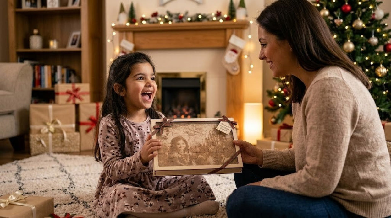 Personalisiertes Holz Puzzle als emotionales Geschenk für Kinder und Familien.