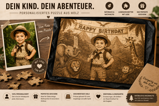 Personalisiertes Holz Puzzle mit Abenteuerwelt und Foto eines Kindes als einzigartiges Geschenk.