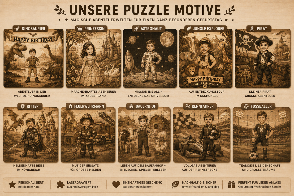 Übersicht verschiedener personalisierter Abenteuer Puzzle aus Holz für Kinder.