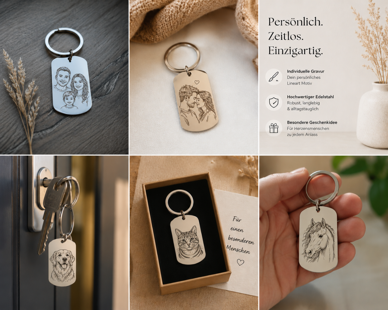 Personalisierter Schlüsselanhänger mit Foto Gravur | Individuelle Lineart Zeichnung | Haustiere, Kinder, Familie oder Paar Portrait