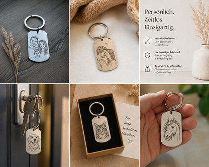 Personalisierter Schlüsselanhänger mit Foto Gravur | Individuelle Lineart Zeichnung | Haustiere, Kinder, Familie oder Paar Portrait