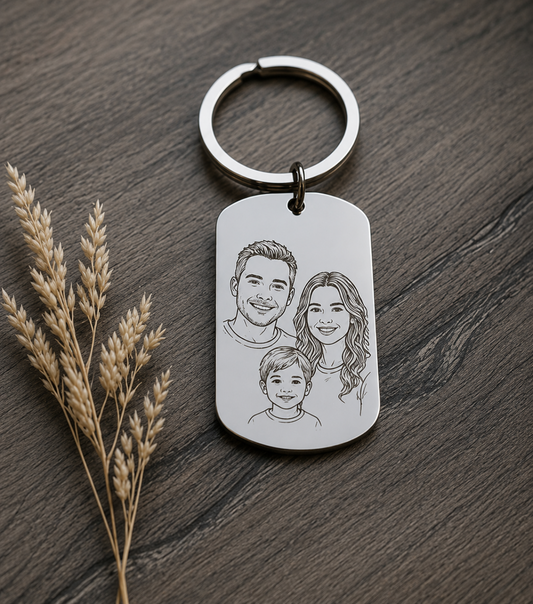 Personalisierter Schlüsselanhänger mit Foto Gravur | Individuelle Lineart Zeichnung | Haustiere, Kinder, Familie oder Paar Portrait