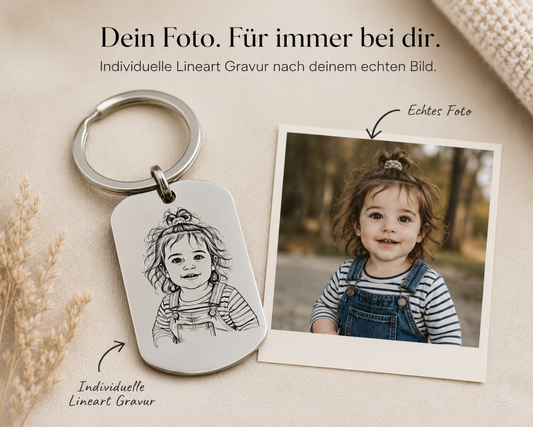 Personalisierter Schlüsselanhänger mit Foto Gravur | Individuelle Lineart Zeichnung | Haustiere, Kinder, Familie oder Paar Portrait