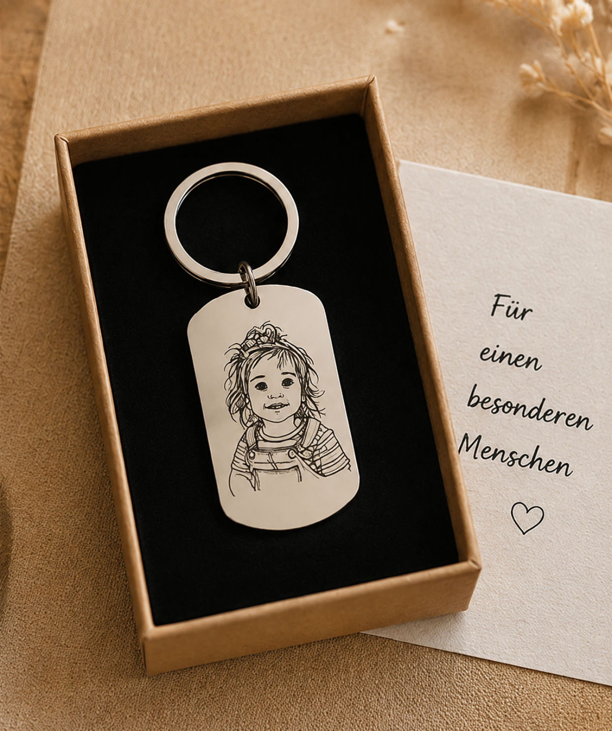 Personalisierter Schlüsselanhänger mit Foto Gravur | Individuelle Lineart Zeichnung | Haustiere, Kinder, Familie oder Paar Portrait